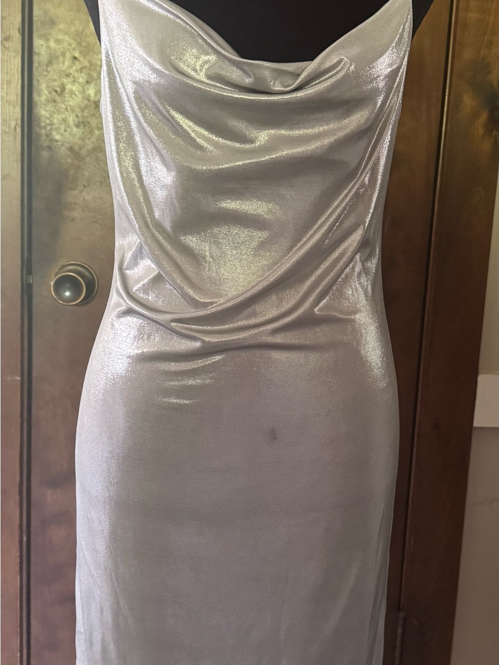Forever 21 Silver Satin Cowl Neck Strapless Dress